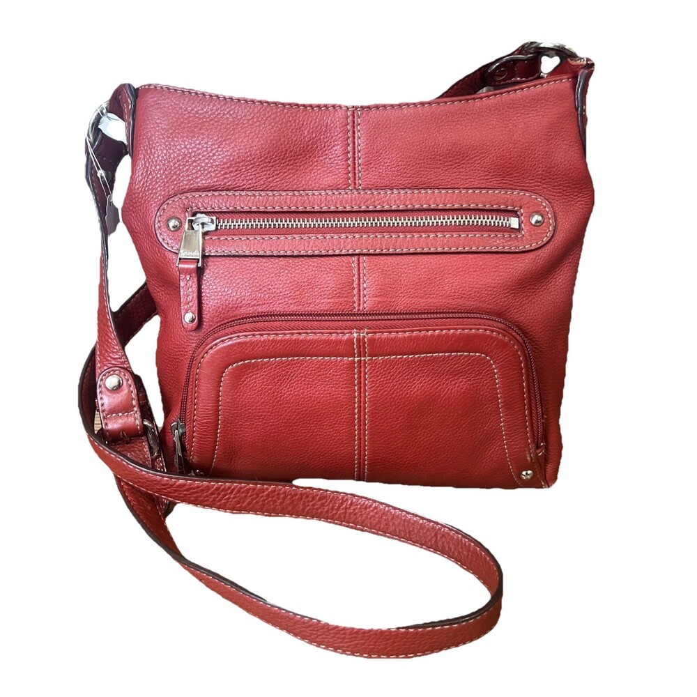 Tignanello Brand Red Pebbled Italian Leather Crossbody Bag Pockets